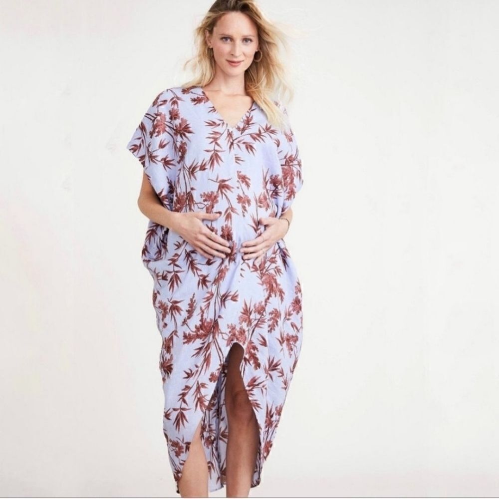 Hatch The Linen Riviera Dress Heron Print Blue Red Floral One Size Petite